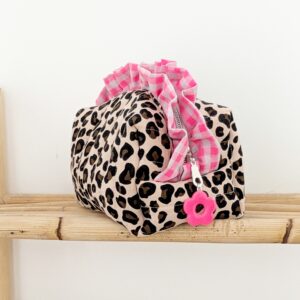 Sur commande - Trousse Léopard volant vichy fluo rose et blanc