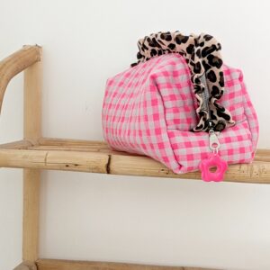 En stock -Trousse vichy fluo rose et blanc / volant léopard